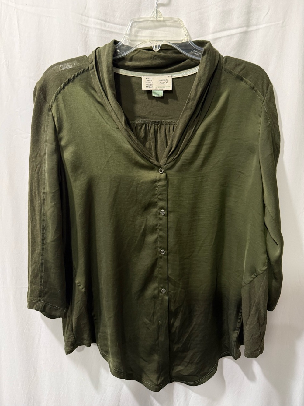 Anthropologie Olive Green Draped Collar Button-Front Blouse